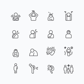 sick and symptoms injuries silhouette icons flat line design.