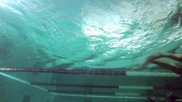 Man swimming in the swimming pool.Slow motion. Underwater view
