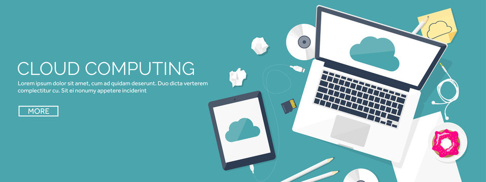 Vector illustration. Workplace, table with documents, computer. Flat cloud computing background. Media, data server. Web storage.CD. Paper blank. Digital technologies. Internet connection.
