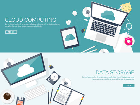 Vector illustration. Workplace, table with documents, computer. Flat cloud computing background. Media, data server. Web storage.CD. Paper blank. Digital technologies. Internet connection.