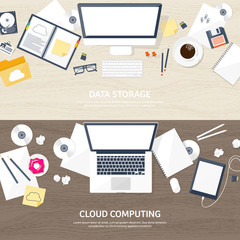Vector illustration. Workplace, table with documents, computer. Flat cloud computing background. Media, data server. Web storage.CD. Paper blank. Digital technologies. Internet connection. Wooden