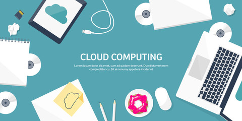 Vector illustration. Workplace, table with documents, computer. Flat cloud computing background. Media, data server. Web storage.CD. Paper blank. Digital technologies. Internet connection.