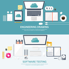 Vector illustration. Workplace, table with documents, computer. Flat cloud computing background. Media, data server. Web storage.CD. Paper blank. Digital technologies. Internet connection.