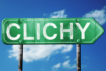 clichy road sign, vintage green with clouds background
