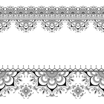 Indian mehndi henna border floral pattern elements card for tattoo on white background.