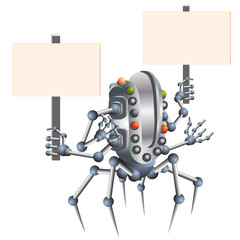 Little robot brought flowers and gifts, electronic computer device. vector