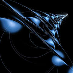 computer generated abstract fractal image. blue on black. track into the space