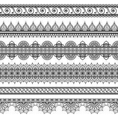 Indian, Mehndi Henna set of six line lace elements pattern for tattoo on white background