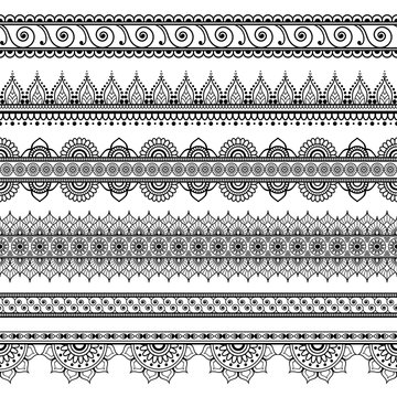 Indian, Mehndi Henna set of six line lace elements pattern for tattoo on white background