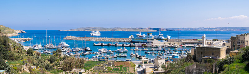 Port of Mgarr on the small island of Gozo, Malta. Panorama view.