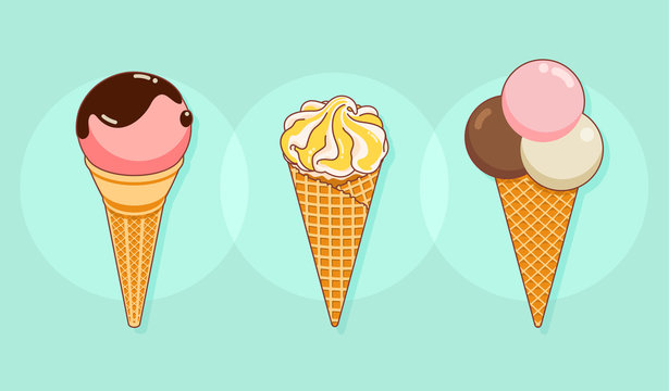 Set of colorful tasty isolated ice cream at a turquoise background. Crunchy waffle cones filled with various kinds of delicious ice cream. Vector Illustration.
