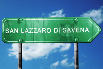 San lazzaro di savena road sign, vintage green with clouds backg