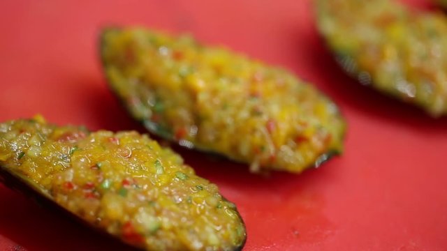 mussels stuffed with vegetables. Colorful beautiful dish