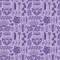 Naklejka premium doodle seamless pattern with flowers, bugs and dragonfly