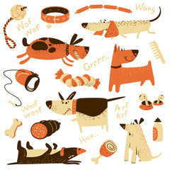 Cute cartoon set with dogs and their ammunition