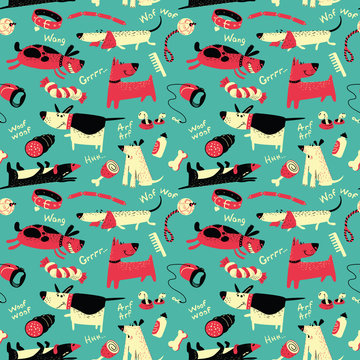 vector seamless pattern with cartoon funny dogs