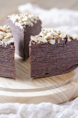 Pancake chocolate cake with chocolate sauce  
