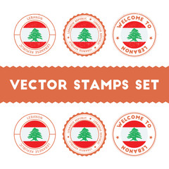 Lebanese flag rubber stamps set. National flags grunge stamps. Country round badges collection.