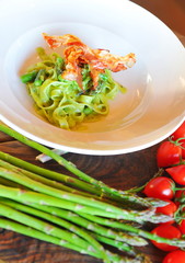 Italian pasta with bacon and asparagus
