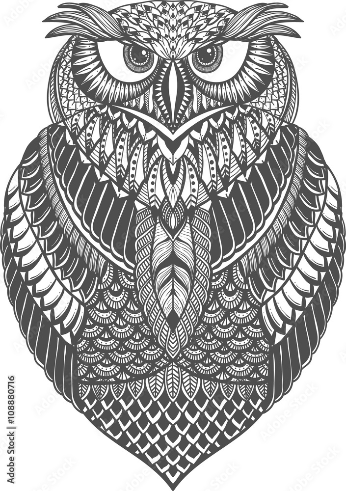 Sticker owl vector handdrawn illustration in zentangle style