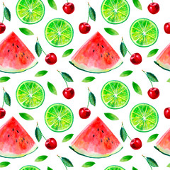 Watermelon,lemon lime and cherry fruit.Watercolor hand drawn illustration.Food picture.