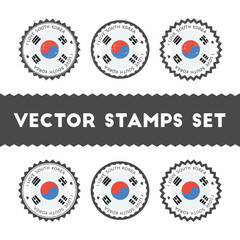 Obraz premium I Love Korea, Republic of vector stamps set. Retro patriotic country flag badges. National flags vintage round signs.