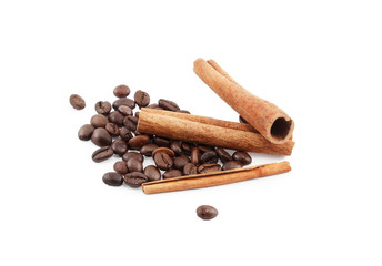 coffee beans and cinnamon sticks isolated on white background