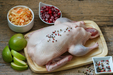 Fresh raw whole duck ready for cooking with apples, cranberries and cabbage
