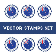 I Love New Zealand vector stamps set. Retro patriotic country flag badges. National flags vintage round signs.