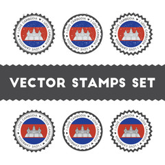 I Love Cambodia vector stamps set. Retro patriotic country flag badges. National flags vintage round signs.