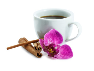 Coffee and orchid isolated on a white background