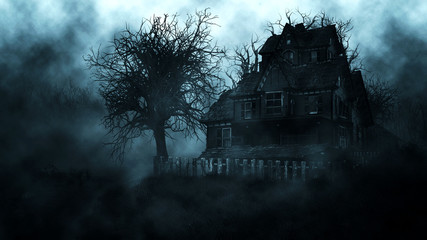 scary house in mysterious horror forest  - obrazy, fototapety, plakaty