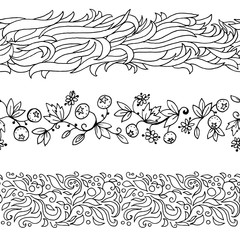 Set of black and white seamless borers, wavy, floral, vintage ornate. Vector design elements.