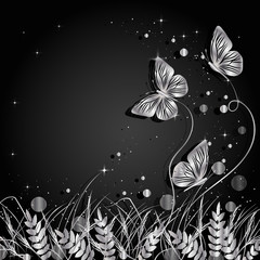 Grass and butterflies silhouettes background. 