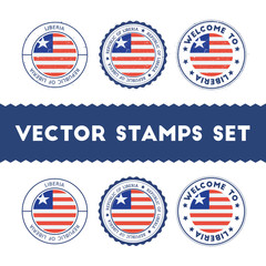 Liberian flag rubber stamps set. National flags grunge stamps. Country round badges collection.