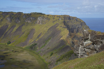 Caldera of the extinct volcano Rano Kau within the UNESCO World Heritage Site of Rapa Nui National Park on Easter Island.