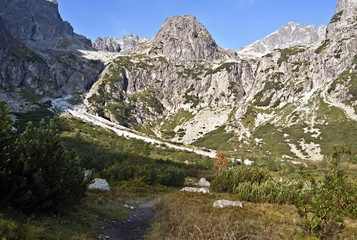 Panorama of High Tatras mountains peaks (from left Spisky stit, Baranie rohy, Zmrzla veza and Kolovy stit) from Dolina Zeleneho plesa valley