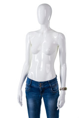 Blue jeans and small watch. Mannequin wearing jeans with watch. Lady's new pants and accesscory. Last merchandise in stock.