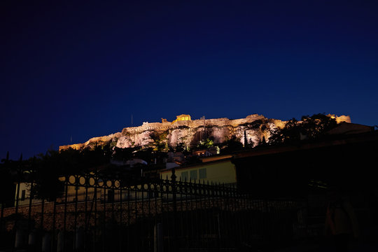 Night in Athens Greece, Acropolis hill over Plaka picturesque neighborhood