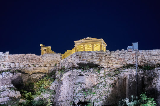 Night in Athens Greece, ancient temple on acropolis hill