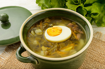 Sorrel soup with boiled egg - dish of russian cuisine. 