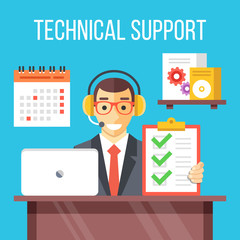 Technical support specialist at work. Call center agent in his office. Flat vector illustration