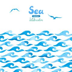Watercolor sea background. Abstract blue painting waves isolated on white. Hand drawn vector illustration of ocean for your design. 