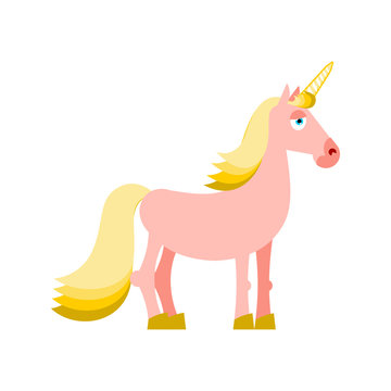 Pink unicorn with yellow mane. Fantastic animal on white backgro