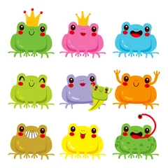 Fotobehang Collection of colorful cute frogs with different funny face expressions © Kakigori Studio
