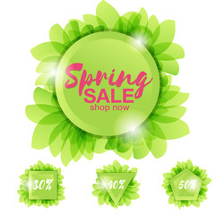 Spring sale, amazing offers message on a background whith leaves and sun glare. pink discount on the green background