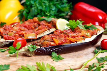 Cooked Eggplant and stuffed with vegetables.