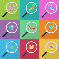 Germs and magnifying glass icon Set - vector illustration
