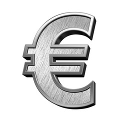 Euro sign from brushed stainless steel alphabet set, isolated on white. 3D illustration.
