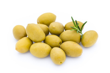 Olives on leaves isolated on white.
